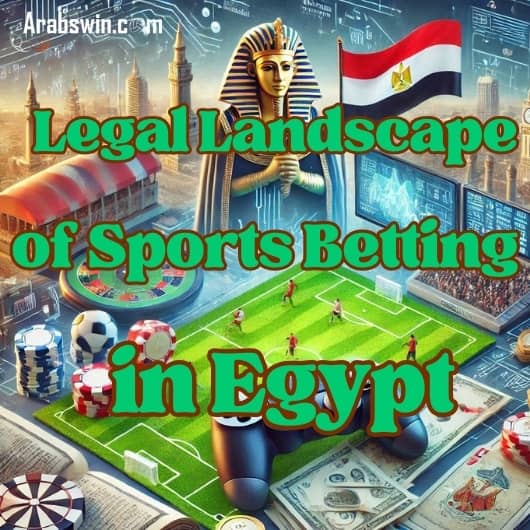 football field against the background of a pharaoh statue, a screen with bets, money, chips and the flag of Egypt
